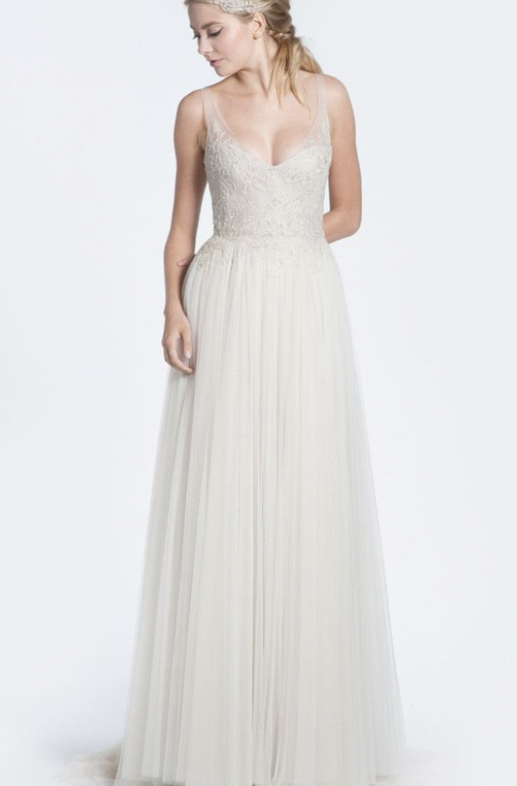 Paolo Sebastian 'Mia' size 2 used wedding dress front view on model