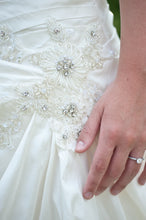 Load image into Gallery viewer, Blue &#39;Brigham&#39; size 0 used wedding dress front view close up on bride
