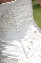 Load image into Gallery viewer, Blue &#39;Brigham&#39; size 0 used wedding dress back view close up on bride
