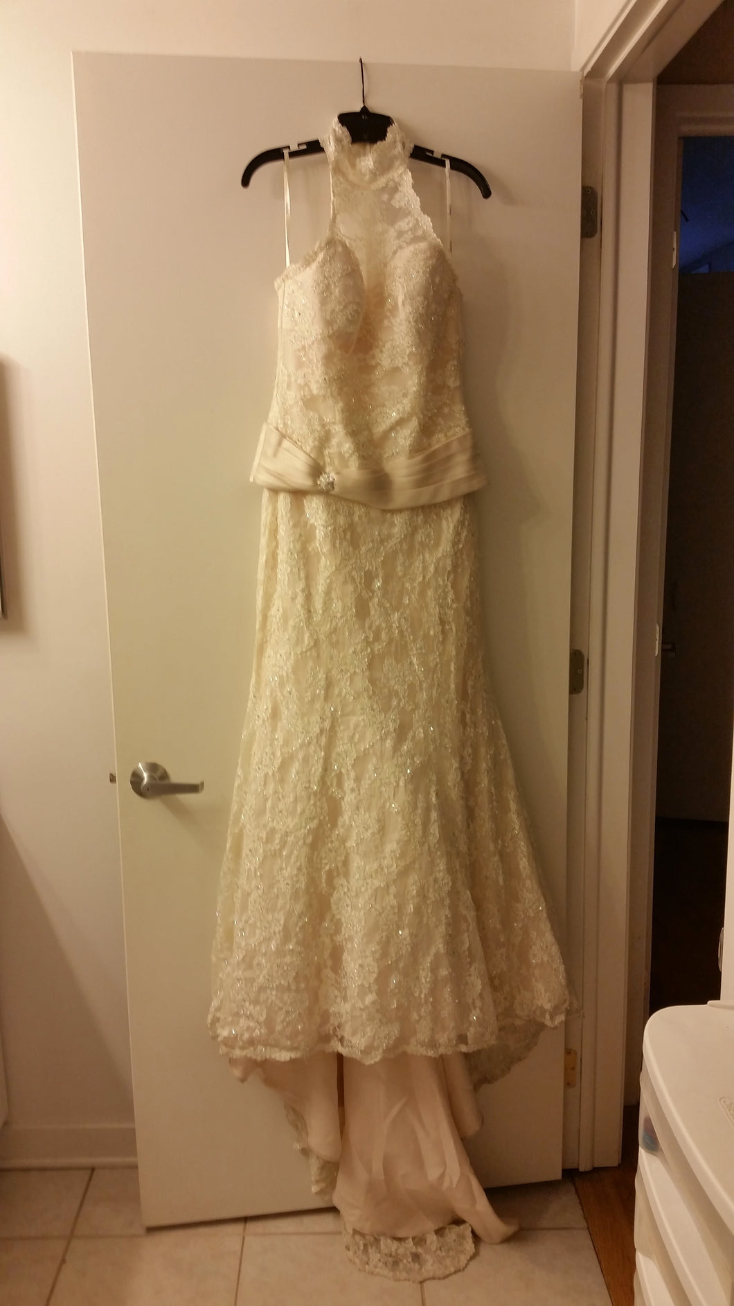 Demetrios 'Lace and Bead' size 8 used wedding dress front view on hanger