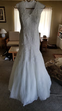 Load image into Gallery viewer, Melissa Sweet &#39;Cap Sleeve&#39; size 10 used wedding dress front view on hanger
