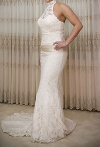 Demetrios 'Lace and Bead' size 8 used wedding dress side view on bride