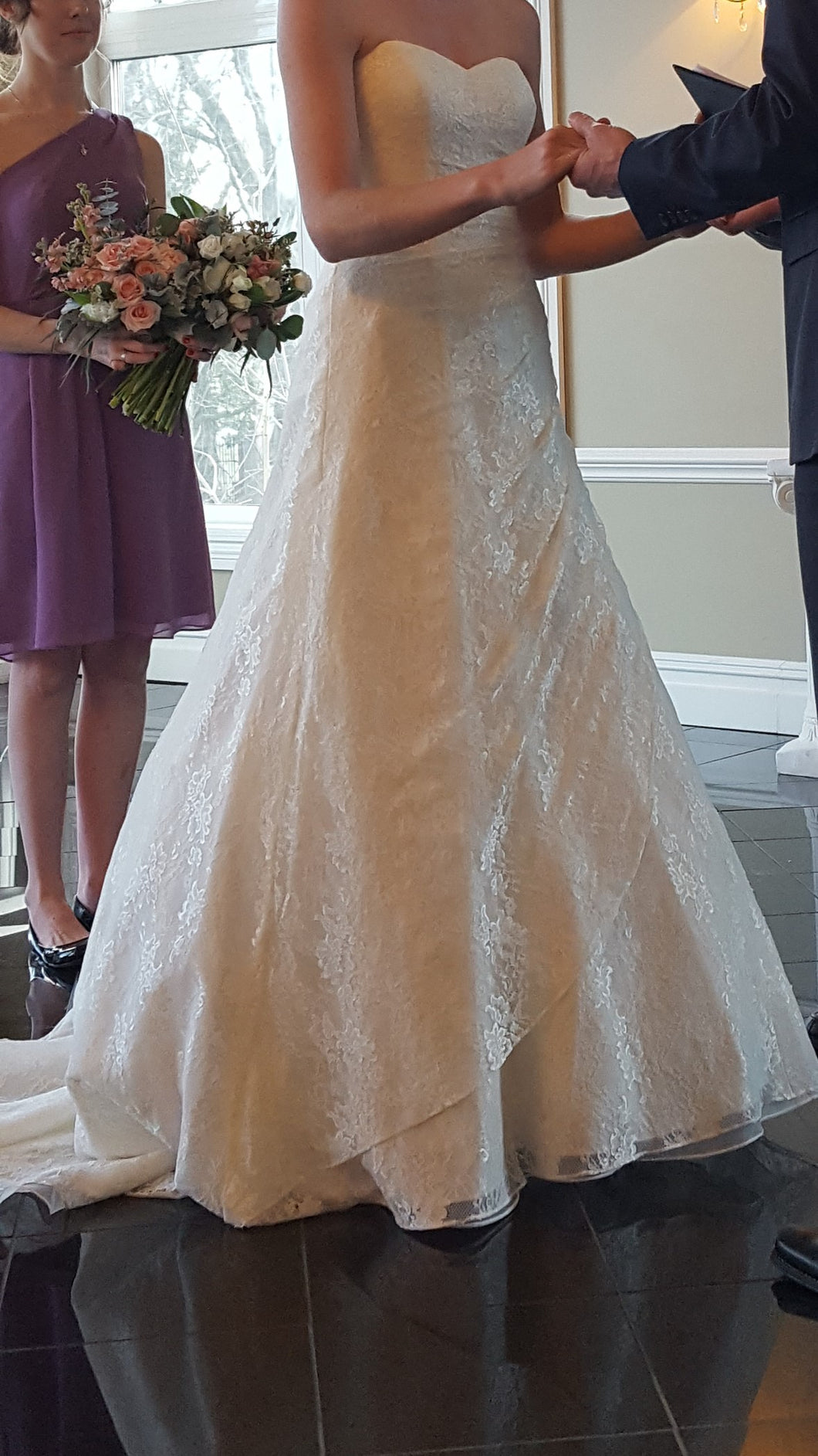 David's Bridal '10012471' size 2 used wedding dress side view on bride