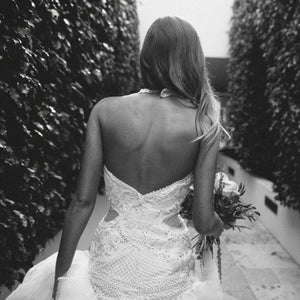 Yolan Cris 'Custom' size 0 used wedding dress back view on bride