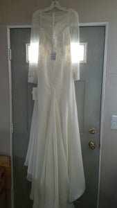 David's Bridal 'Long Sleeve Chiffon' size 8 new wedding dress back view on hanger
