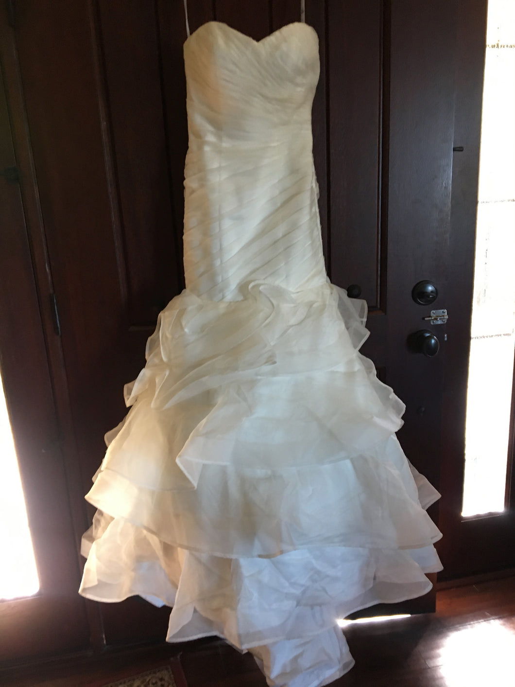 Simone Carvalli 'White Silk' size 2 used wedding dress front view on hanger