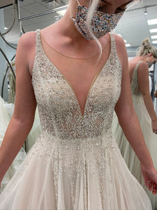 Galina Signature 'Beaded Bodice Plunging-V Illusion ' wedding dress size-12 NEW