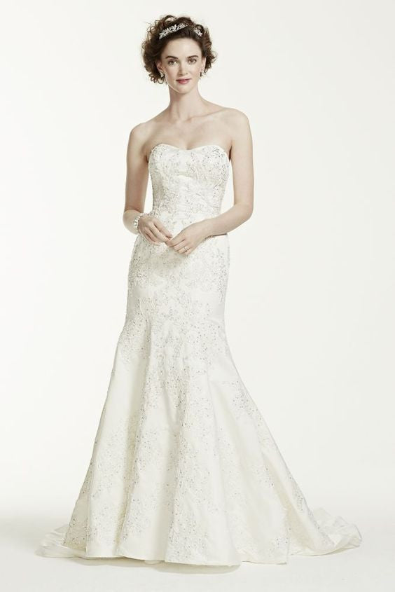 Oleg Cassini 'Satin Lace' size 2 used wedding dress front view on model