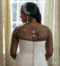 Load image into Gallery viewer, Oleg Cassini &#39;Scroll Lace Trumpet&#39; size 12 used wedding dress back view on bride
