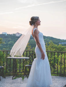 Mori Lee 'Karissa' size 8 used wedding dress side view on bride