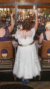 Oleg Cassini 'Cap Sleeve Illusion' size 16 used wedding dress back view on bride