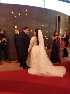 Galina Signature 'Illusion Sleeve Plunging' size 22 used wedding dress back view on bride