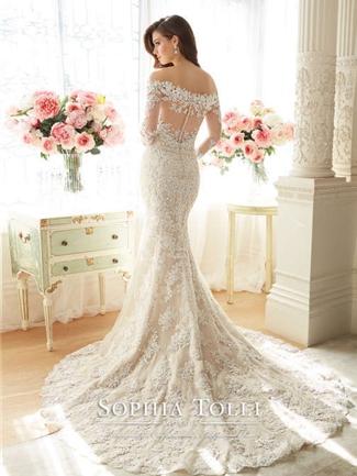 Sophia Tolli 'Off The Shoulder' size 2 used wedding dress back view on model