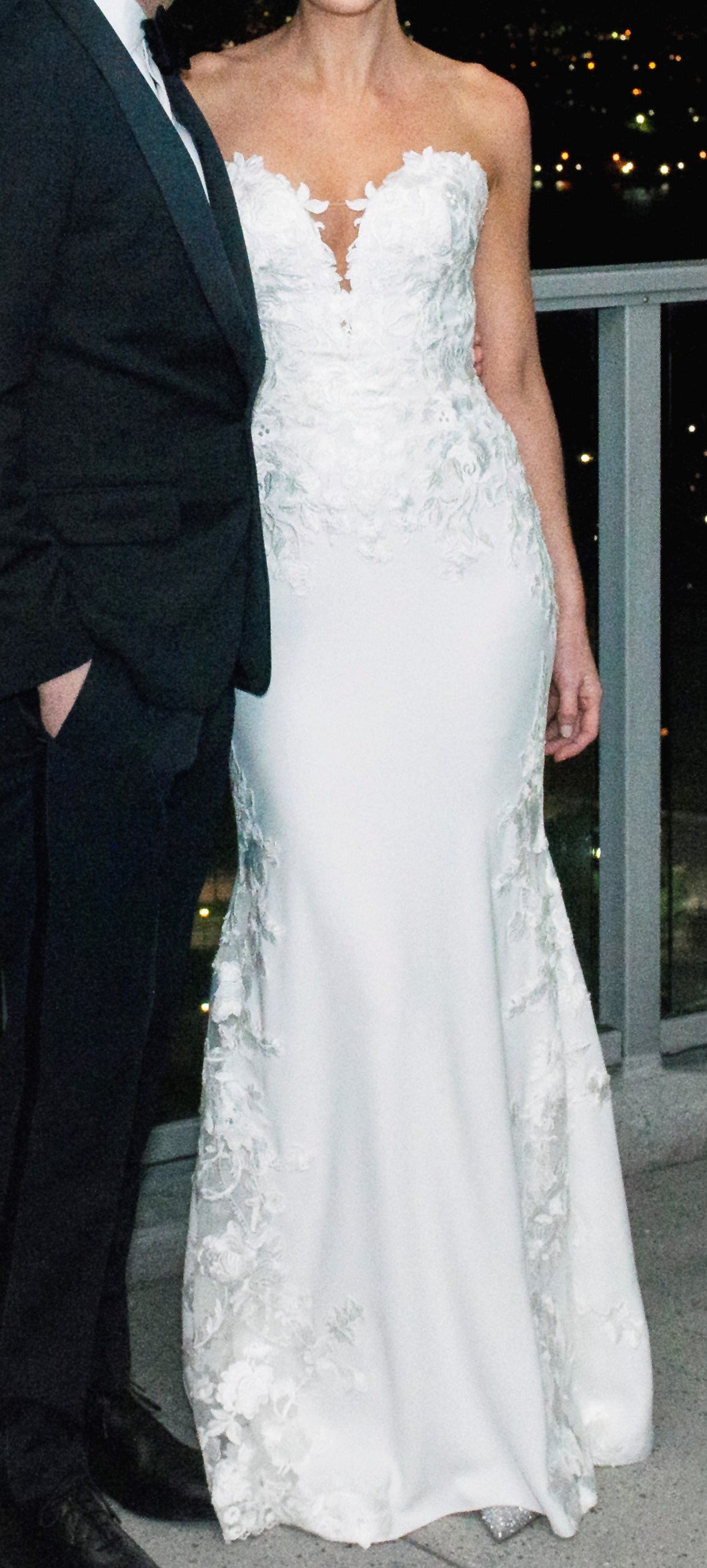 Pronovias 'Mermaid Crepe' size 4 used wedding dress front view on bride