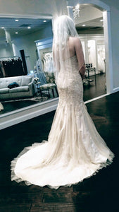 Stella York '5986 Vintage Lace' size 2 used wedding dress back view on bride