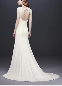 David's Bridal 'Cap Sleeve Crepe Sheath' size 12 new wedding dress back view on model