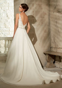 Mori Lee 'Chiffon' size 2 used wedding dress back view on model