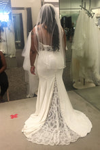 Load image into Gallery viewer, Galina Signature &#39;Beaded illusion and crepe sheath&#39; wedding dress size-12 PREOWNED
