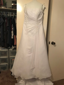 Davids Bridal 'Drape A-Line' size 10 used wedding dress front view on hanger