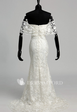 Load image into Gallery viewer, Custom &#39;Lace Off The Shoulder&#39; size 10 new wedding dress back view on mannequin
