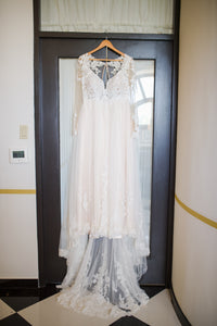 Essense of Australeia 'Illusion Lace' size 14 used wedding dress front view on hanger