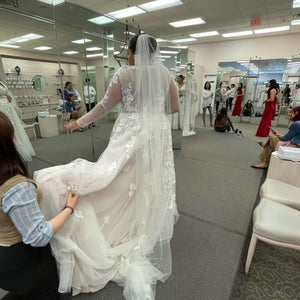 Galina Signature 'Illusion Sleeve Plunging Wedding Dress GALINA SIGNATURE  9SWG820' wedding dress size-16W PREOWNED