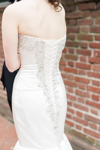 Dennis Basso 'Ivory Satin Silk' size 0 used wedding dress back view on bride