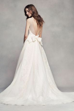 Vera Wang White 'Pleated V-Neck' size 10 new wedding dress back view on model