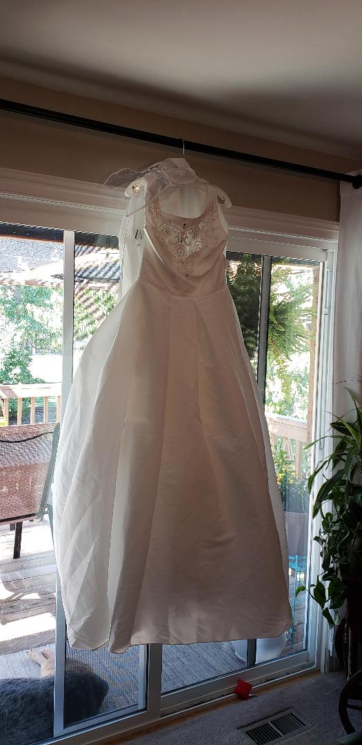 David's Bridal 'Beaded' size 12 new wedding dress front view on hanger