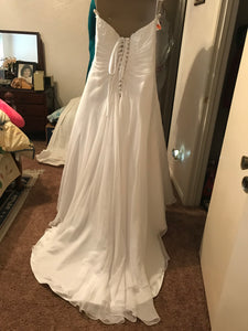 Davids Bridal 'Drape A-Line' size 10 used wedding dress back view on hanger