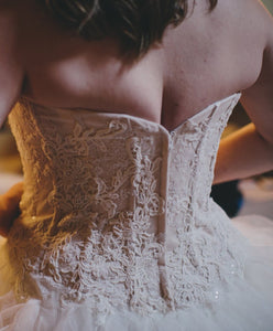 Oleg Cassini 'Organza Ruffled' size 16 used wedding dress back view on bride