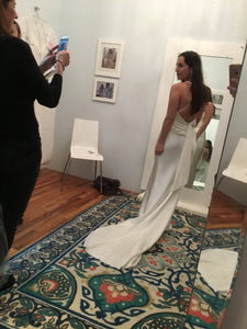 Elizabeth Fillmore 'Greta' size 6 used wedding dress back view on bride