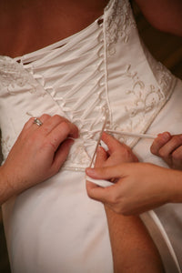 Demetrios 'RN 98249' size 10 used wedding dress back view on bride
