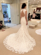 Load image into Gallery viewer, Custom  &#39;Full Corded Lace Mermaid&#39; size 4 used wedding dress back view on bride
