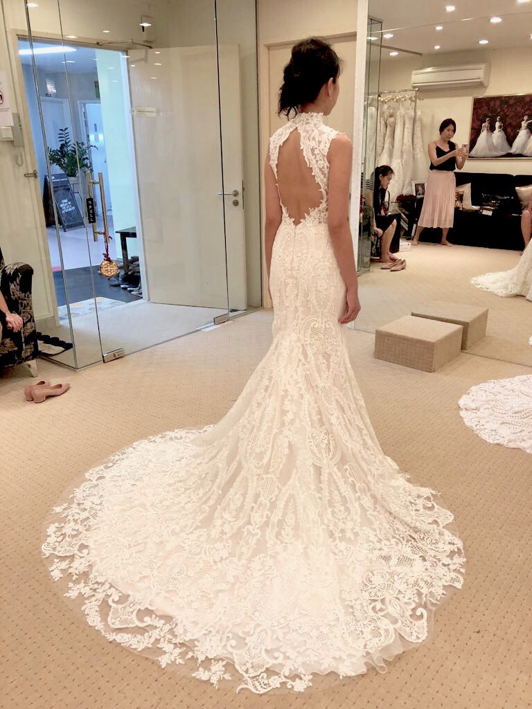 Custom  'Full Corded Lace Mermaid' size 4 used wedding dress back view on bride