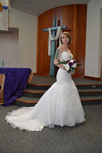 Load image into Gallery viewer, Allure &#39;Drop Waist Beaded&#39; size 2 used wedding dress side view on bride
