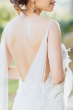Load image into Gallery viewer, Custom &#39;Sheath&#39; size 0 used wedding dress back view on bride
