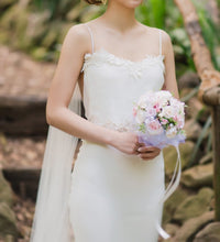 Load image into Gallery viewer, Custom &#39;Sheath&#39; size 0 used wedding dress front view on bride
