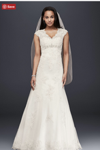 Load image into Gallery viewer, David&#39;s Bridal &#39;Lace Over Satin&#39; size 12 used wedding dress front view on model
