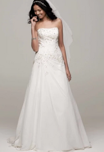 David's Bridal 'Chiffon Over Satin' size 4 new wedding dress front view on model