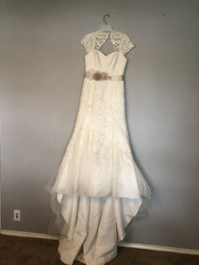 David's Bridal 'Tulle Over Satin' size 8 used wedding dress front view on hanger