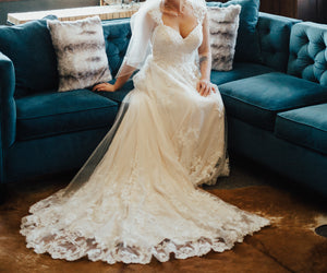 Essense of Australia 'D1999' size 8 used wedding dress front view on bride