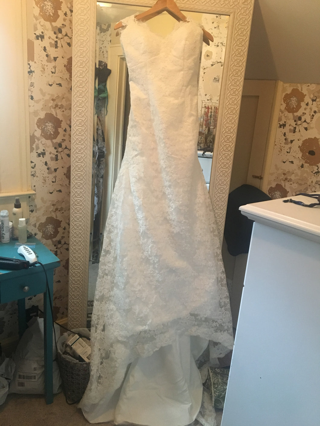 Custom 'Keyhole Back Lace' size 4 new wedding dress front view on hanger