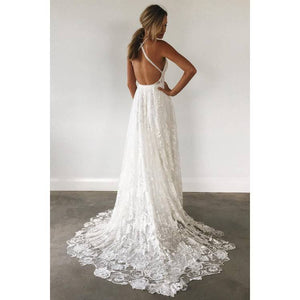 Custom 'Lace Beach' size 0 new wedding dress back view on model