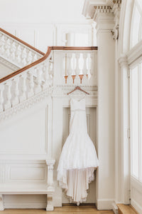 Mori Lee 'Madeline Gardner' size 10 used wedding dress front view on hanger