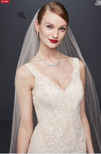 Load image into Gallery viewer, Oleg Cassini &#39;Lace Trumpet&#39; size 6 new wedding dress front view close up on model
