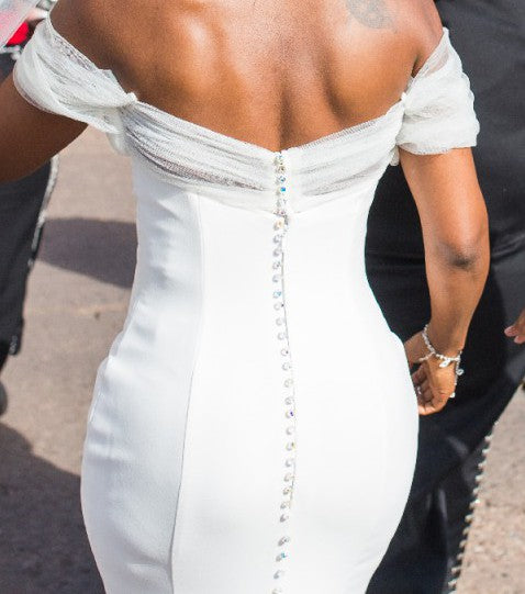 Custom 'Ivory Dress' size 8 used wedding dress back view on bride