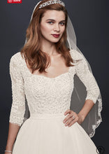 Load image into Gallery viewer, Oleg Cassini &#39;Organza 3/4 Sleeve&#39; size 6 new wedding dress front view close up on model

