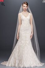 Load image into Gallery viewer, Oleg Cassini &#39;Lace Trumpet&#39; size 6 new wedding dress front view on model
