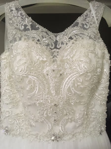 Allure Bridals 'Beaded Illusion' size 8 used wedding dress front view close up on hanger